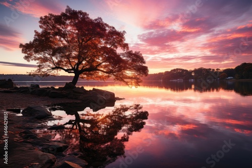 Serene Dawn: Colorful sky, silhouette trees and golden reflexes in a lake., generative IA © Gabriel