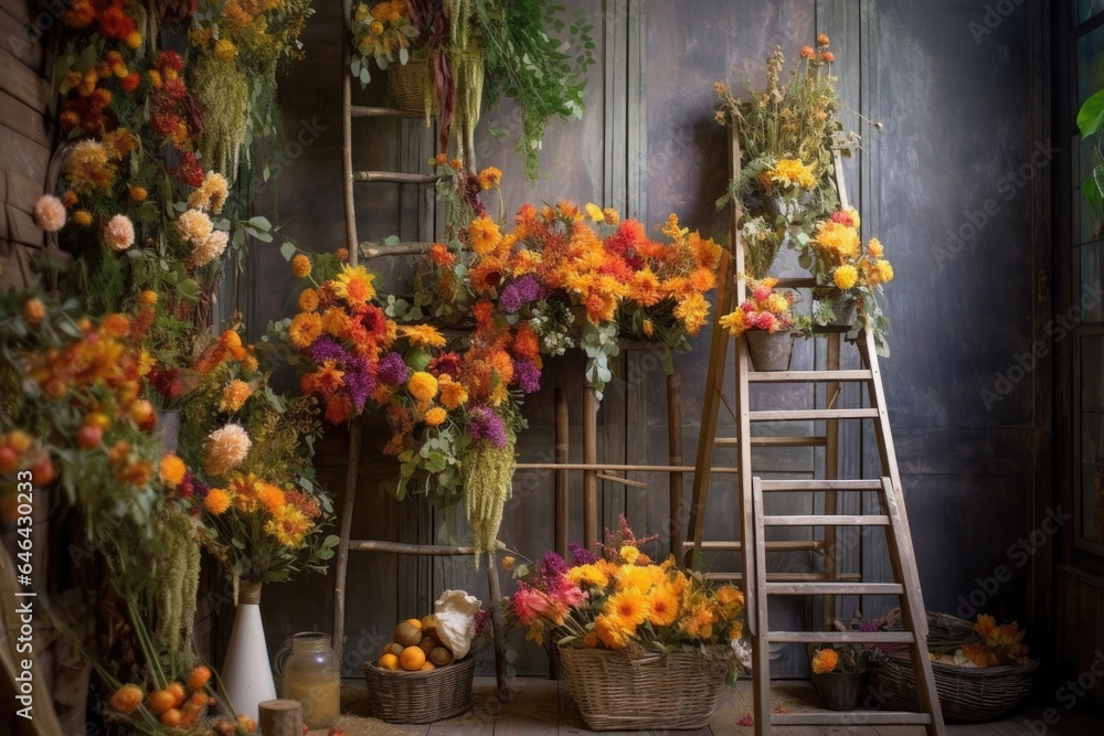 rustic ladder with hanging baskets of fall florals