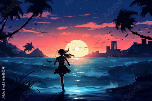 anime style illustration, a ninja girl on the beach at night