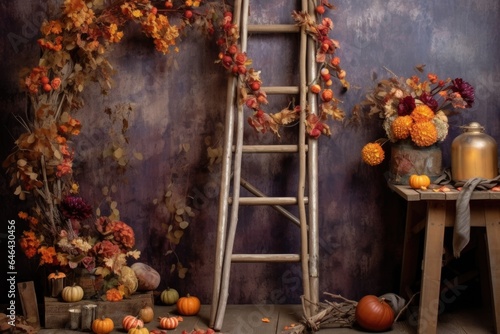 decorative wooden ladder draped in fall garlands