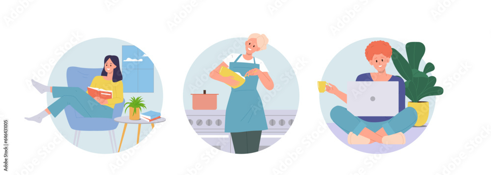Isolated set of round composition with happy woman cartoon character doing household chores