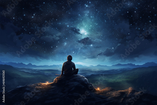 background of a person on the hill looking at the night sky anime style
