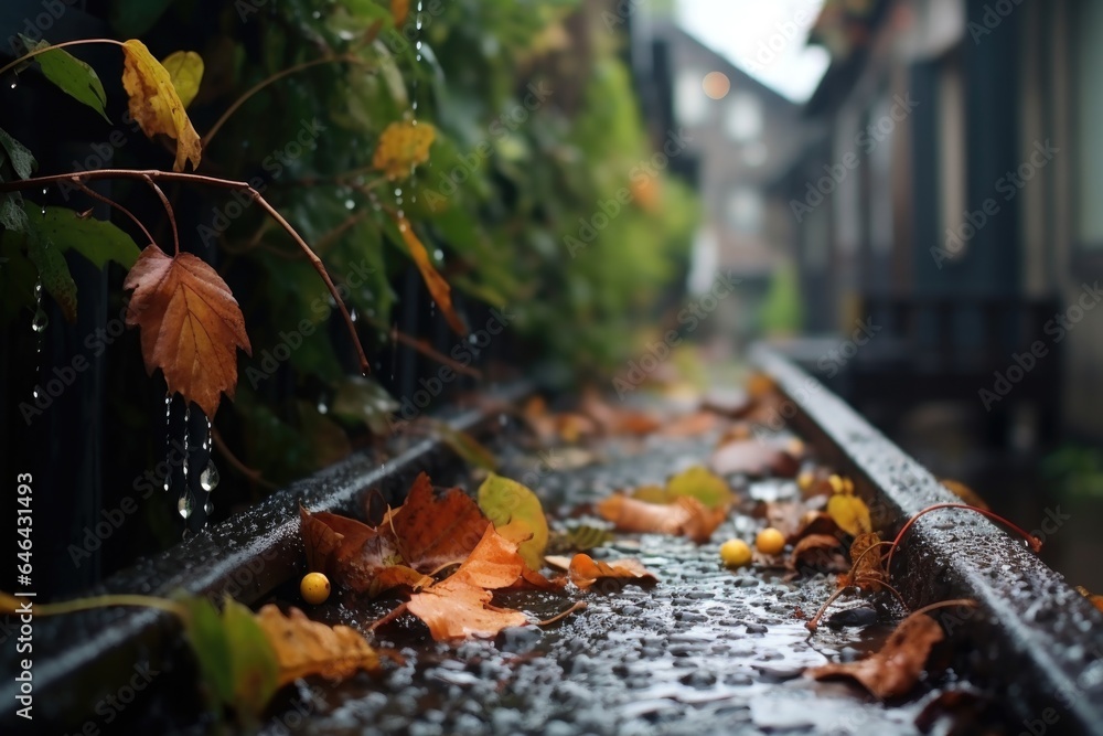 raindrops falling on leaves in a clogged gutter raindrops falling on leaves in a clogged gutter