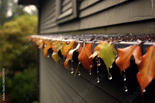 raindrops dripping off leaf-filled gutter edge