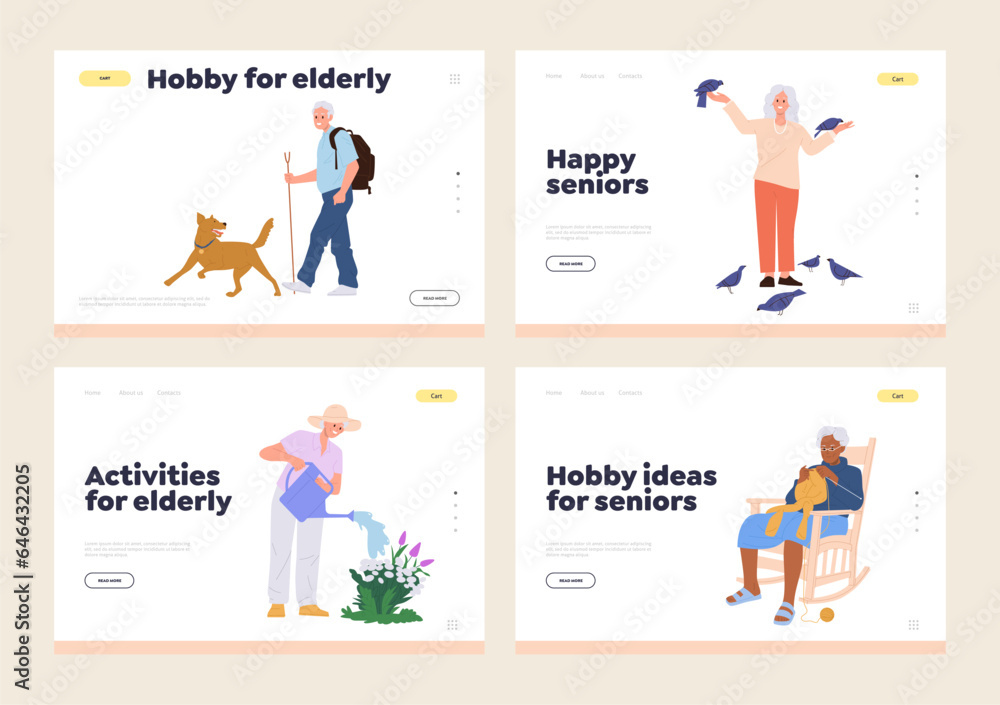 Set of landing page design template advertising different hobby activity for retired people