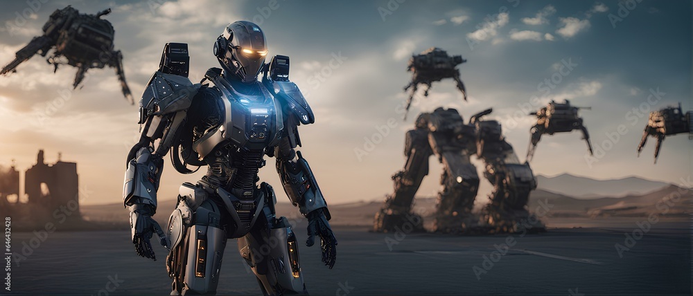 Fototapeta premium 3D rendering of a robot on a spaceship in the desert. Exoskeleton and AI Concept 