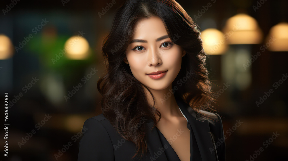 Obraz premium Asian Business woman: Portrait of a Professional in Elegant Black Attire, Radiating Confidence