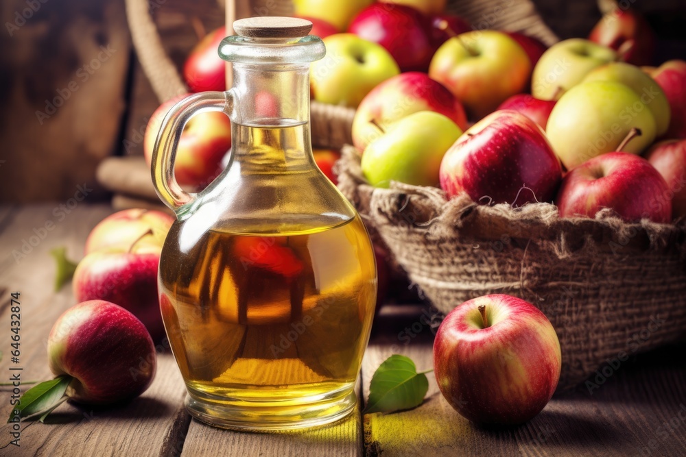 apple cider vinegar in a glass bottle with apples apple cider vinegar in a glass bottle with apples