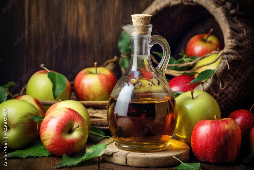 apple cider vinegar in a glass bottle with apples apple cider vinegar in a glass bottle with apples