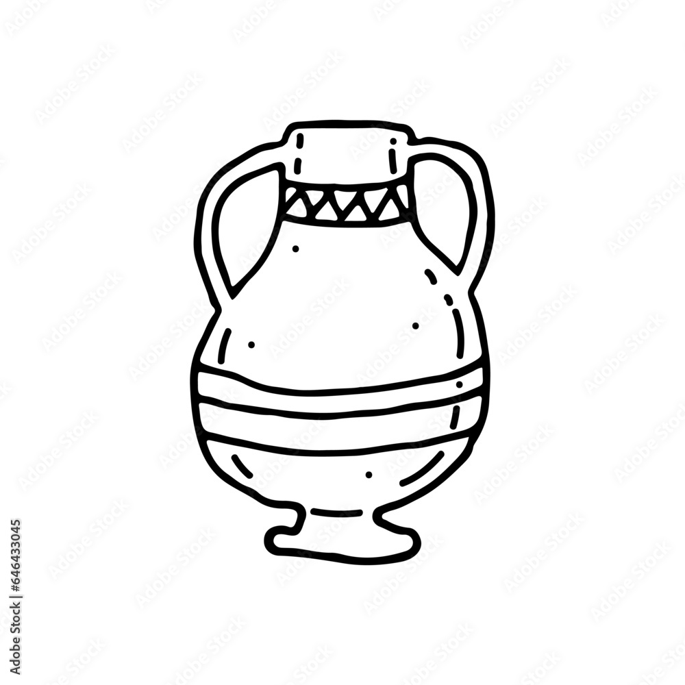 Antique vase with ornament. Vessel made of baked clay, ceramics. Household dishes. Doodle. Vector illustration. Hand drawn. Outline