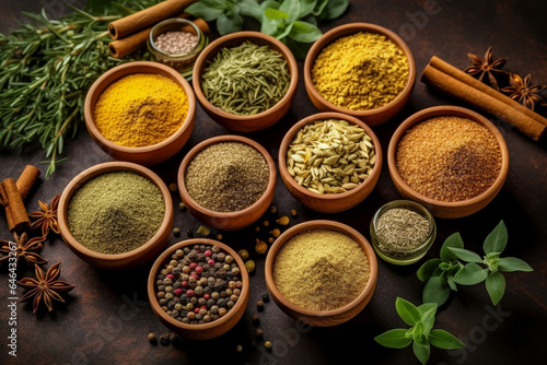 Assortment of natural ayurvedic spices on dark rustic stone background  Healthy spice concept. AI Generative.