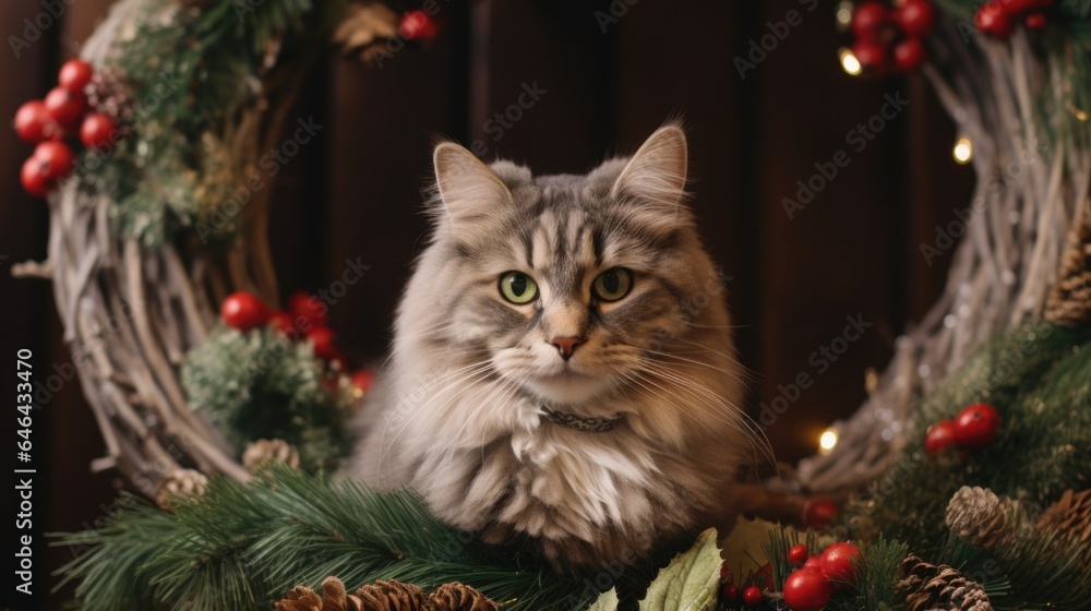 A cat sitting in a wreath with pine cones and berries A cat sitting in a wreath with pine cones and berries