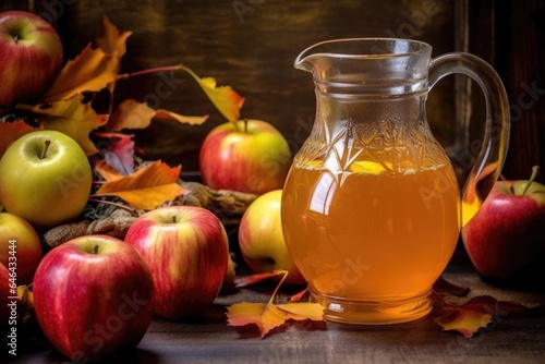 apple cider in glass pitcher with autumn leaves backdrop