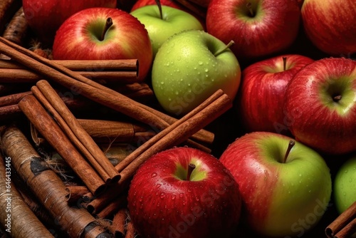 close-up of fresh apples and cinnamon sticks for cider