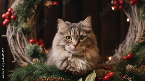 A cat sitting in a wreath with pine cones and berries © Maria Starus
