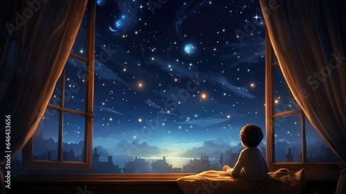 A child sitting on a window sill looking out at the night sky