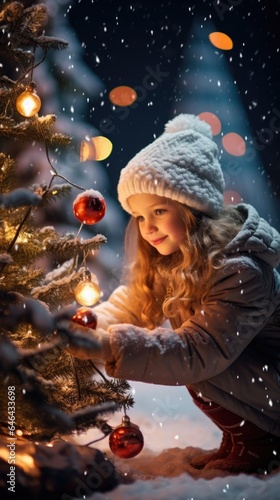 A little girl decorating a christmas tree in the snow