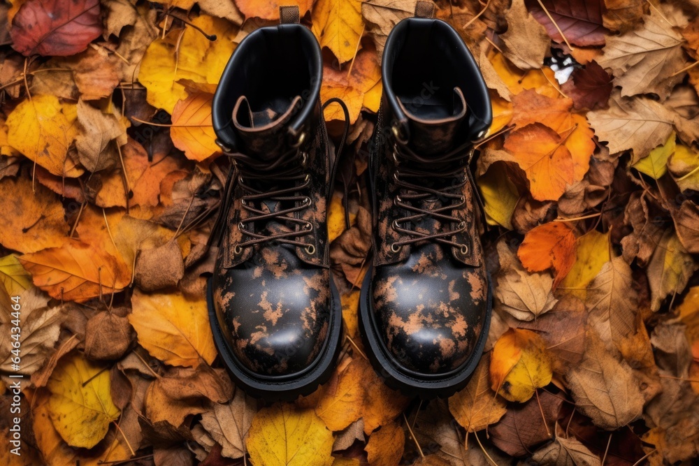 top view of boots with autumn leaves stuck on them top view of boots with autumn leaves stuck on them