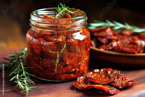 sun-dried tomatoes in a jar with olive oil and herbs