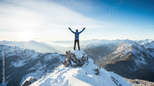 Man standing on top of a snow mountain peak, hands raised, success and ambition, career and hiking concept © OpticalDesign
