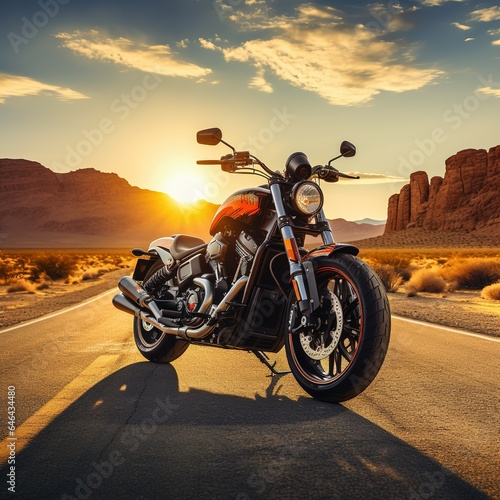The motorcycle is standing on the highway against the sunset.