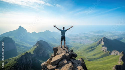 Man standing on top of a mountain peak, hands raised, success and ambition, career and hiking concept photo