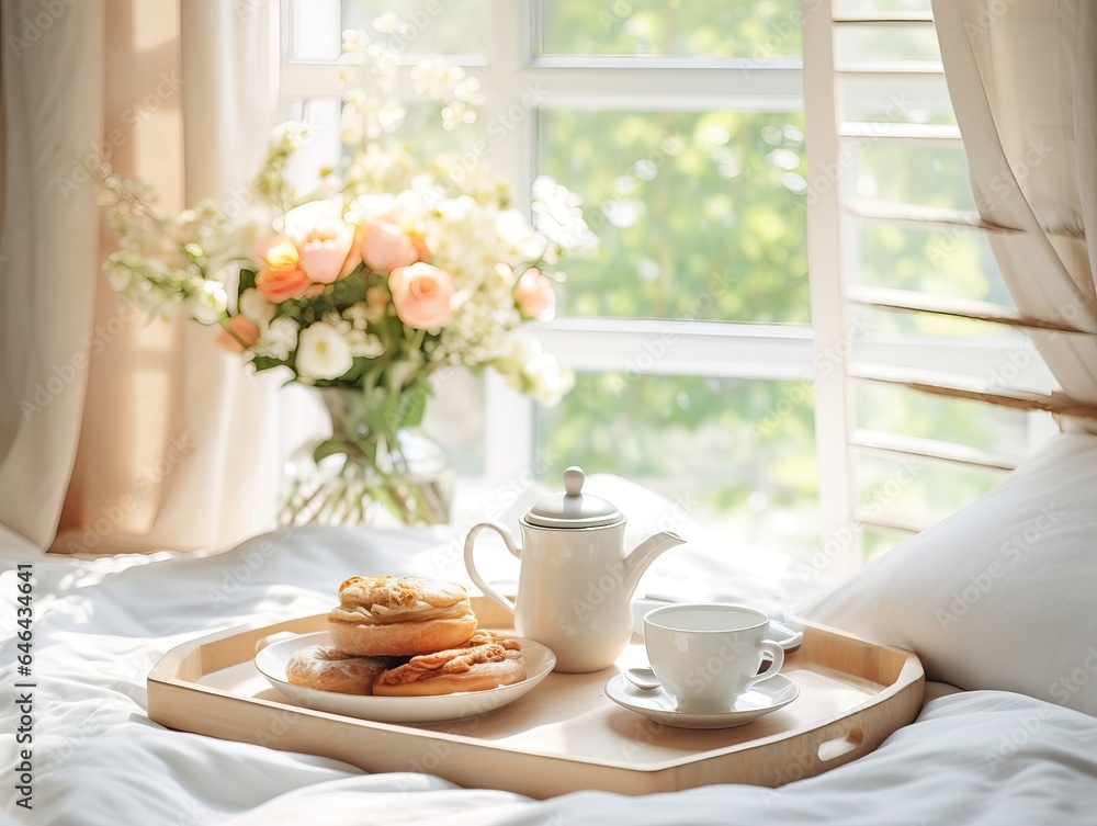Beautiful cozy breakfast in bed, home bedroom interior with bright morning light, healthy food on decorated tray, weekend meal