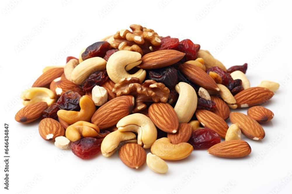 a close-up shot of various mixed nuts scattered on a pure white surface a close-up shot of various mixed nuts scattered on a pure white surface
