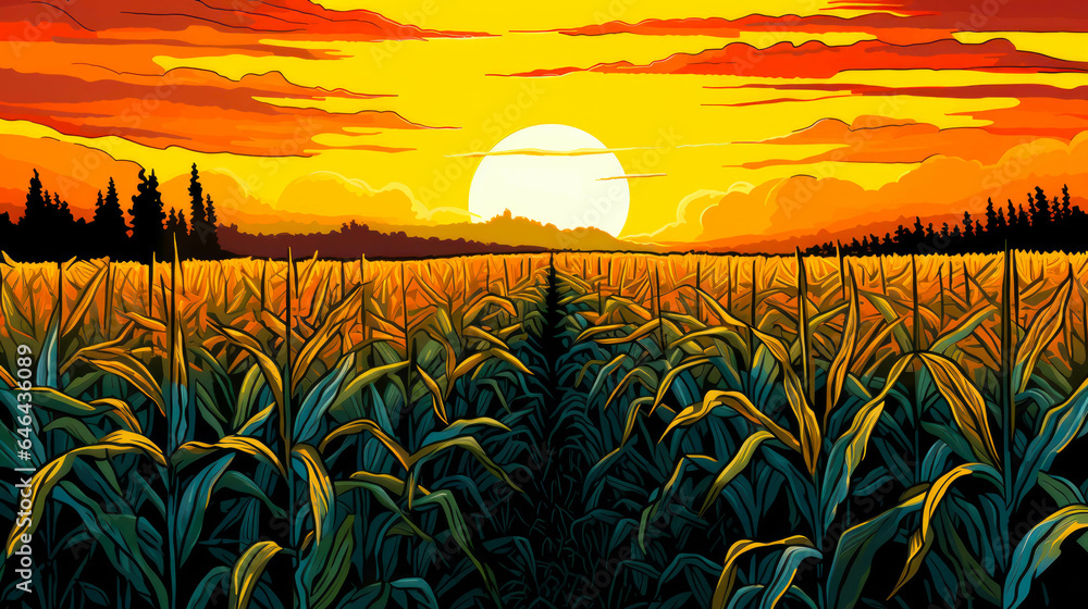 Green corn field and sunset or sunrise in a farmland agricultural setting with Colorful art design with thick black outlining and strong colors. Logo or banner use. - obrazy, fototapety, plakaty 