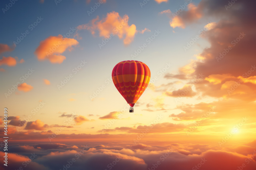 Golden Hour Ascent: Hot Air Balloon Soars Against the Sunset Sky, a Captivating Display of Tranquil Adventure
