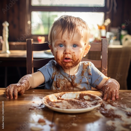 A Little baby eating her dinner, making a mess. AI Generated