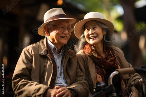 Radiant Smiles: Elderly Asian Couple in Casual Attire, Exuding Joy and Contentment in Their Shared Moments