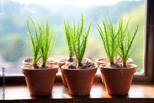 aloe vera seedlings in a mini terracotta pot on a windowsill