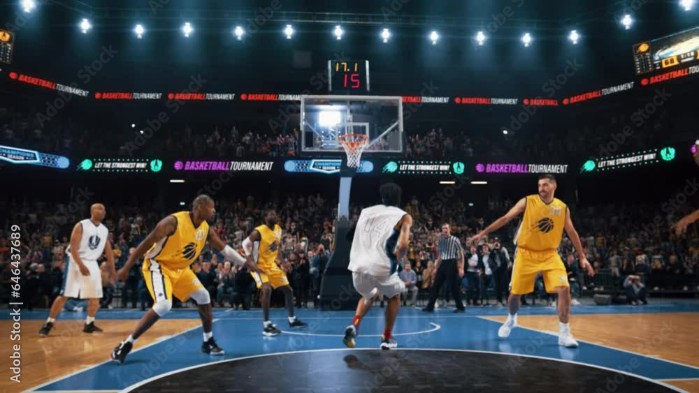 Cinematic Slow Motion Sports Footage with Follow Back View Action. Multiethnic Basketball Player in White Uniform Scoring a Skilled Slam Dunk Goal in Front of a Crowded Arena with Spectators