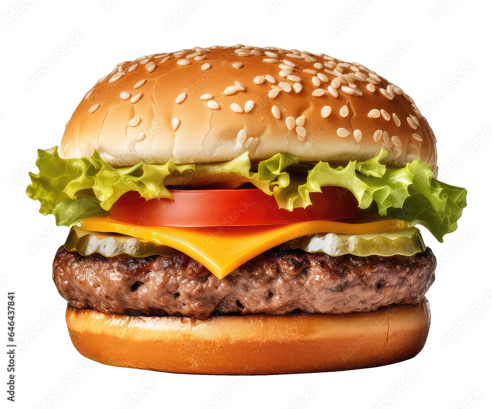 Delicious hamburger with beef, lettuce, cheese and tomatoes isolated on white background, clipart. Png with transparent background, cutout. Delicious hamburger with beef, lettuce, cheese and tomatoes isolated on white background, clipart. Png with transparent background, cutout.