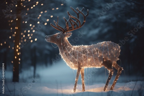 A glowing reindeer among wintry lights. Generative AI