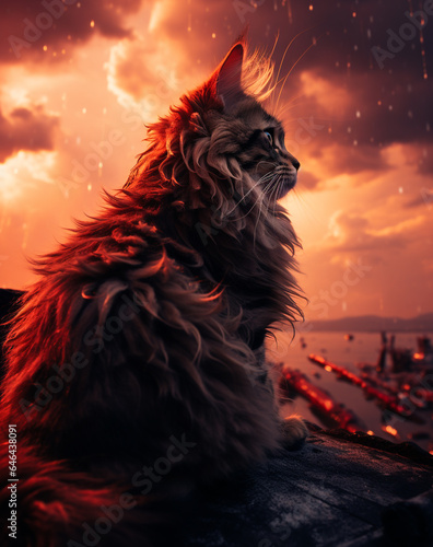 A cat on a stormy background in dramatic light