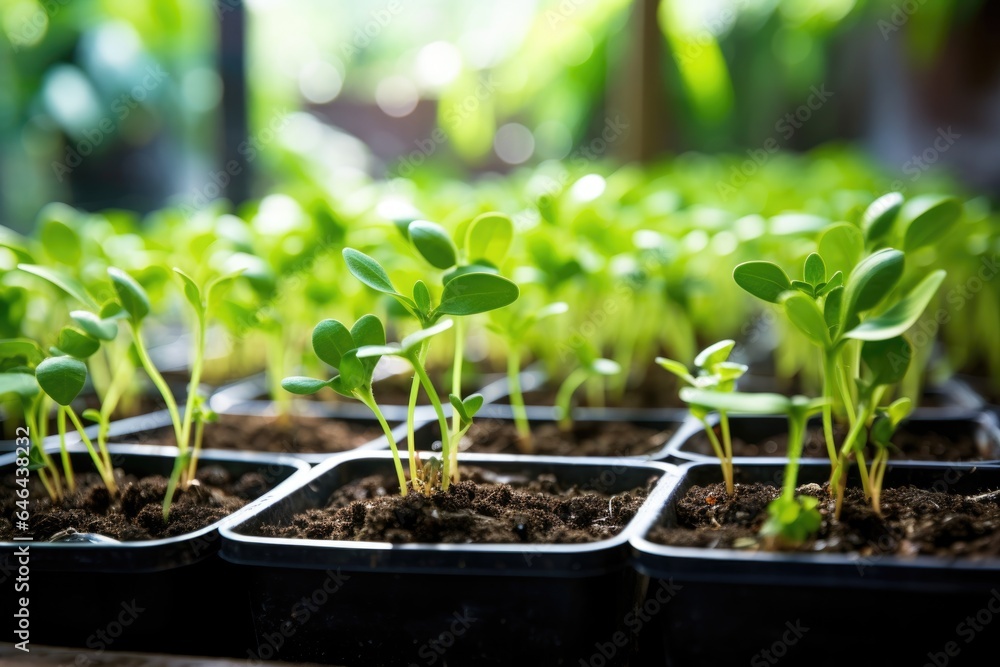 seedlings growing in a greenhouse, with focus on one seedlings growing in a greenhouse, with focus on one