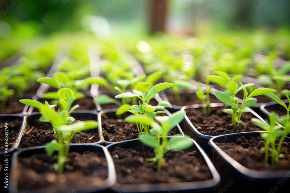 seedlings growing in a greenhouse, with focus on one seedlings growing in a greenhouse, with focus on one