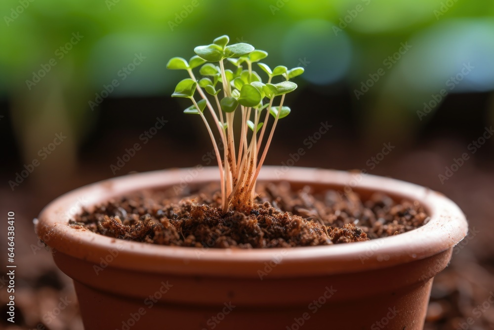 close-up of a sprouting seedling in a small terracotta pot close-up of a sprouting seedling in a small terracotta pot