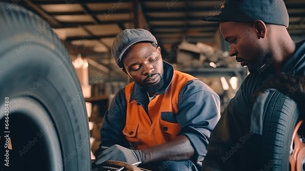 Auto garage worker Black African working together to fix service car.