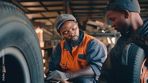 Auto garage worker Black African working together to fix service car.