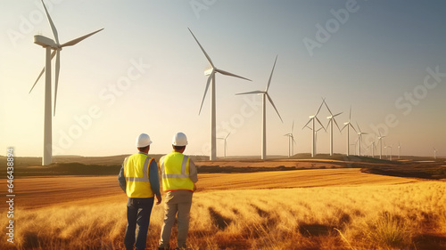 Back view of woman engineer standing against turbines on wind turbine farm.generative ai