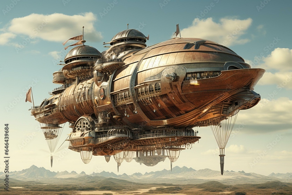 A large brown airship with steampunk design flying in an empty backdrop ...