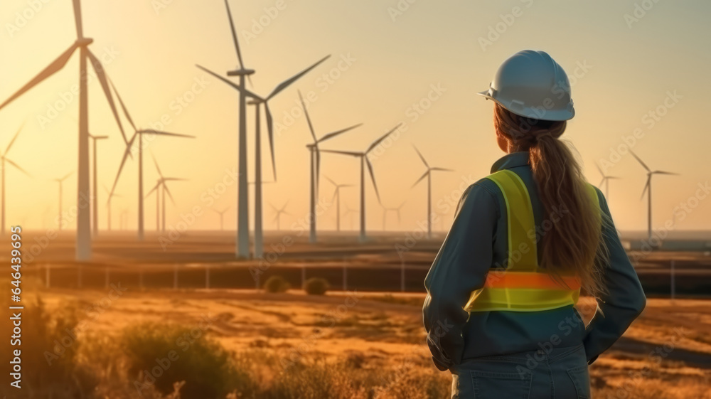 Back view of woman engineer standing against turbines on wind turbine farm. Back view of woman engineer standing against turbines on wind turbine farm.