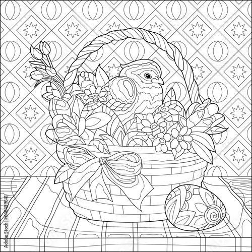 Chicken in a basket. Easter basket with eggs, flowers and a bow. Coloring book for adults, black and white vector illustration. Line art.
