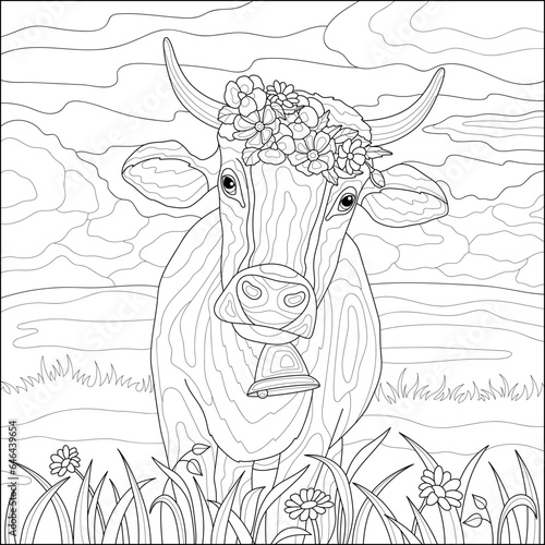 A cow with a flower wreath and a bell in the field. Coloring book for adults, black and white vector illustration. Line art.