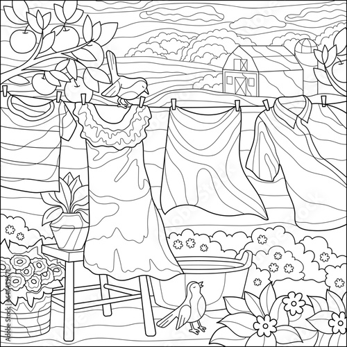 Clothes after washing on a line. Yard, summer, birds, flowers. Coloring book for adults, black and white vector illustration. Line art.