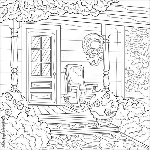 Backyard with door, chair, plants and flowers. Coloring book for adults, black and white vector illustration. Line art.