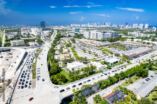 Aventura, Florida, USA - Aerial of Aventura, with the condos of Hollywood Beach in the distance.